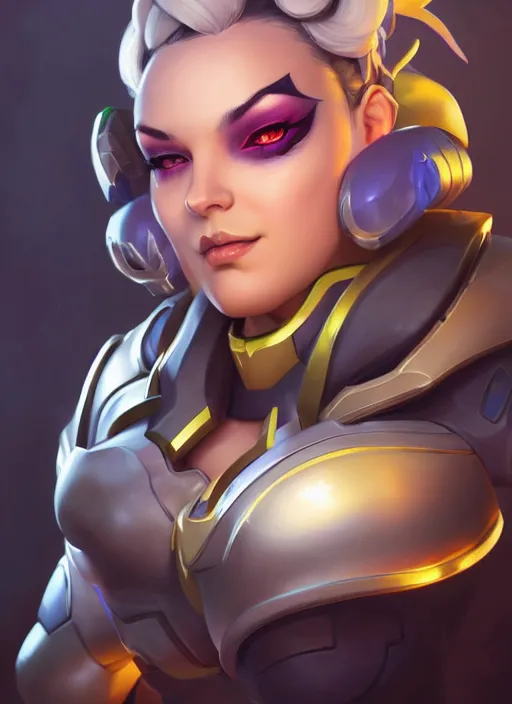 Prompt: character portrait of a fusion of Ashe from Overwatch and Orisa from Overwatch by ArtGerm and Tom Bagshaw, 4k, highly detailed, cinematic lighting, characters merged