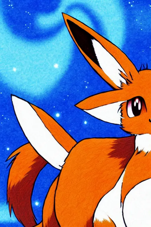 Prompt: An Eevee fox lying on a red carpet, poster art by Ken Sugimori, featured on Pixiv, furry art, anime aesthetic, poster art, 2d