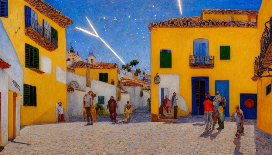 Image similar to a 1 9 9 8 southern spain town painted by arthur bispo do rosario, jules bastien - lepage, tarsila do amaral, frank weston and gustave baumann, trending on artstation, mediterranean, star, sharp focus, colorful refracted sparkles and lines, soft light, 8 k 4 k