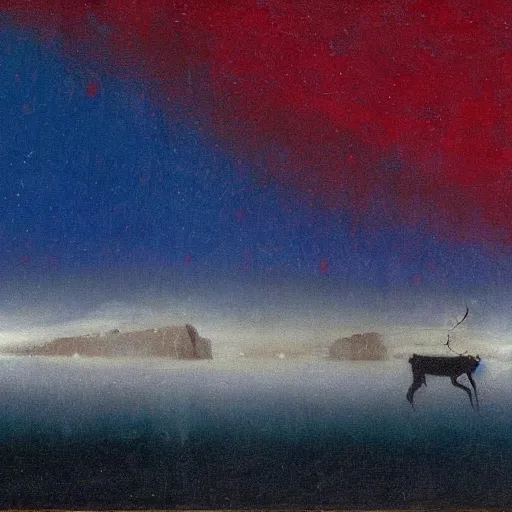 Image similar to the epic abstract painting'blue arctic void with black and red aurora borealis above a large herd of tiny reindeer ', by caspar david friedrich!!!, by rothko!!!, stunning masterpiece, trending on artstation