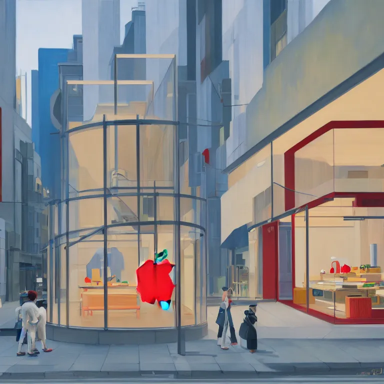 Prompt: apple store opening in Tokyo, painted by Edward Hopper, painted by James Gilleard, airbrush