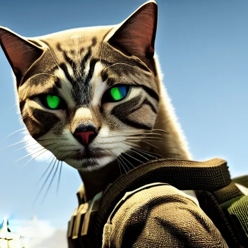 Image similar to cat soldier in call of duty warzone 4k, brown-green eyes with complete heterochromia ,high detail, high-resolution photograph, professional photography, ultra-detail