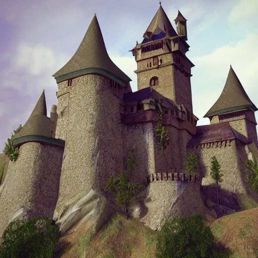 Image similar to Medieval castle on hills, realistic, detailed, artstation