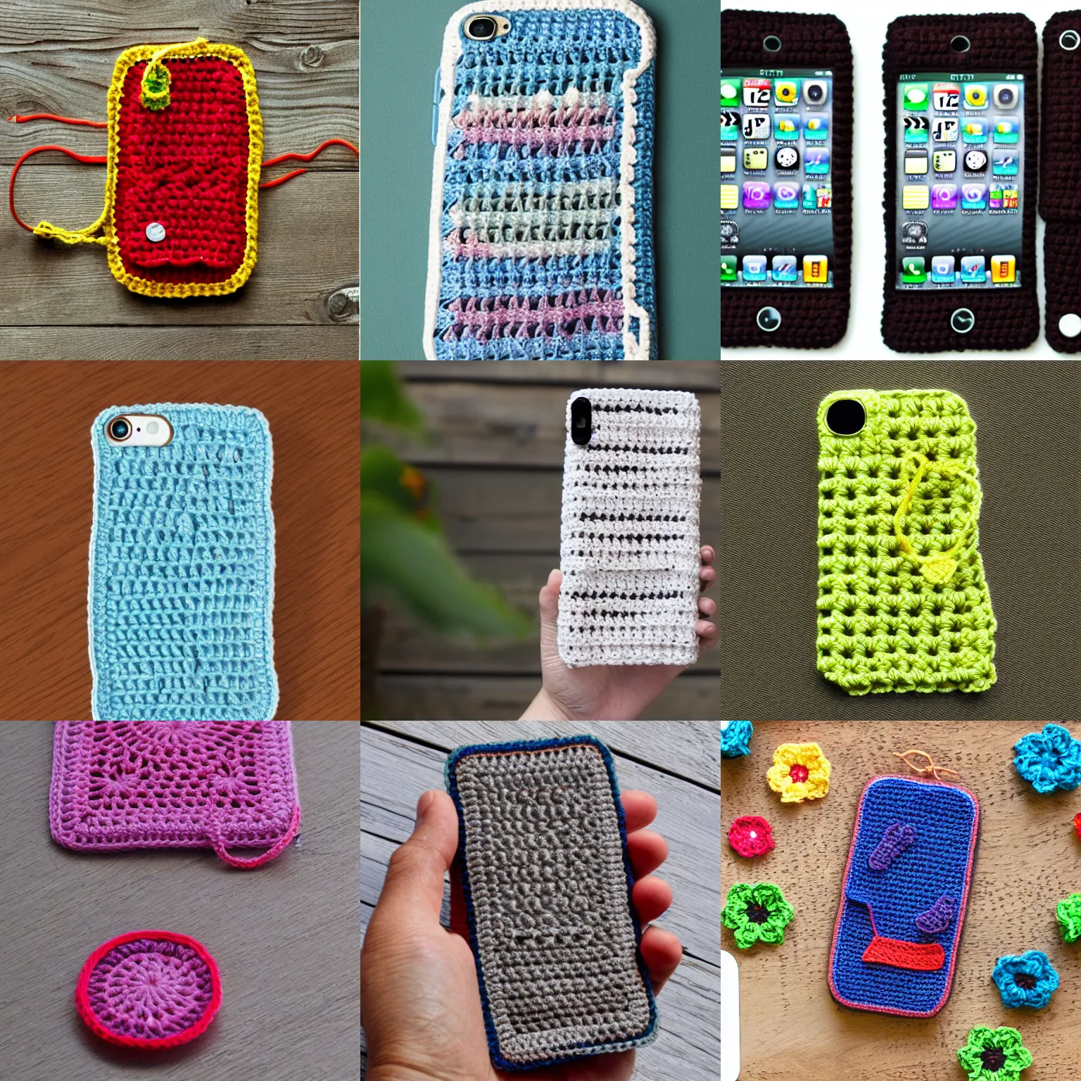 Prompt: Product image of a crochet iPhone from 2100. High resolution