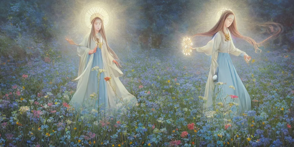 Image similar to breathtaking detailed concept art painting of walking in meadow goddess of light blue flowers, orthodox saint, with anxious, piercing eyes, ornate background, amalgamation of leaves and flowers, by Hsiao-Ron Cheng, James jean, Miho Hirano, Hayao Miyazaki, extremely moody lighting, 8K