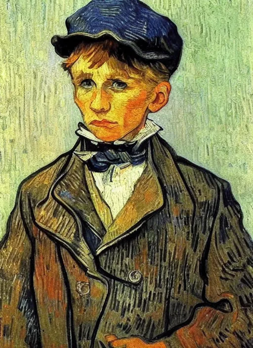 Image similar to lifelike oil painting portrait of oliver twist by van gogh