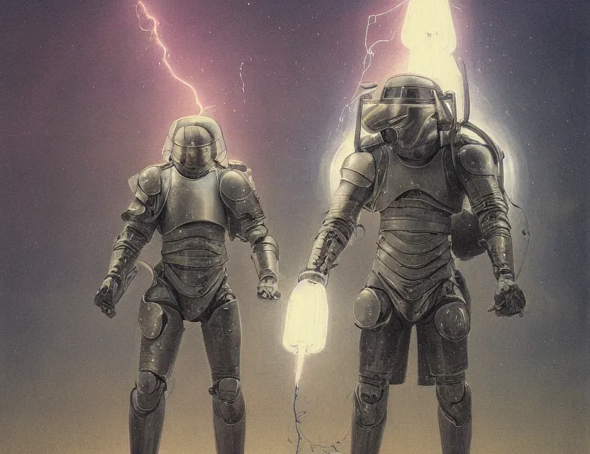 Prompt: a detailed portrait painting of a lone shock trooper in plate armour and visor. cinematic sci-fi poster. Flight suit, cloth and wires, accurate anatomy. Samurai influence, knight influence. fencing armour. portrait symmetrical and science fiction theme with lightning, aurora lighting. clouds and stars. Futurism by moebius beksinski carl spitzweg moebius and tuomas korpi. baroque elements. baroque element. intricate artwork by caravaggio. Oil painting. Trending on artstation. 8k