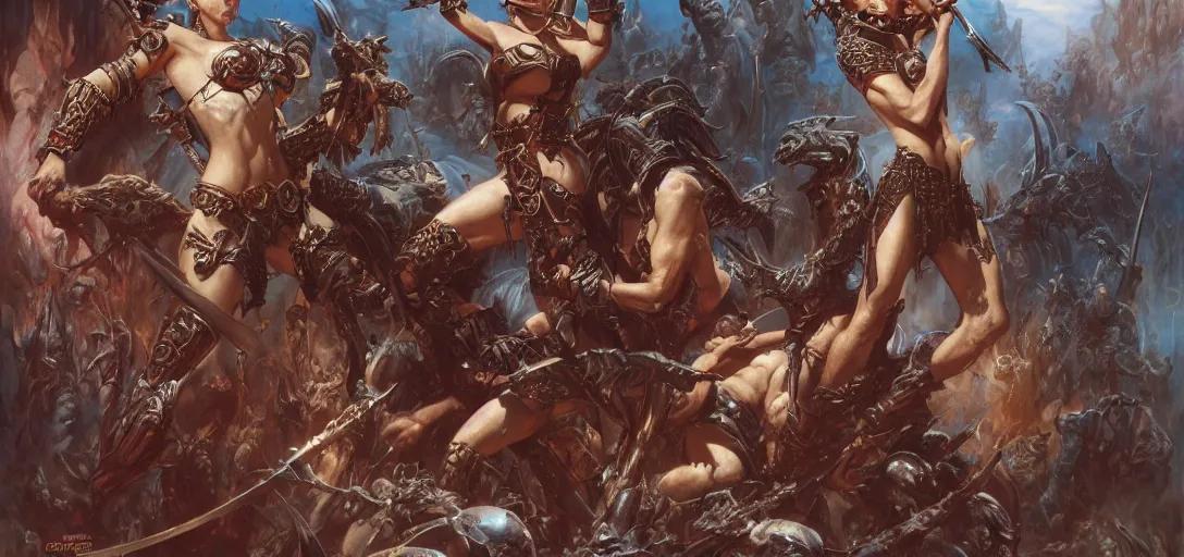 Prompt: art by donato giancola and bayard wu and gustav moreau and wayne barlowe and frank frazetta and boris vallejo, a fantasy cinematic shot of a sexy beautiful barbarian woman, fighting, warhammer, dnd, fighting monsters, movie still, 8 k hdr 8 0 mm