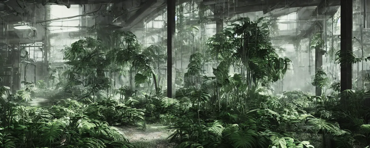 Prompt: An abandoned overgrow hazy laboratory with monstera plants, detailed, 4k, moody atmosphere,octane render, sharp focus,