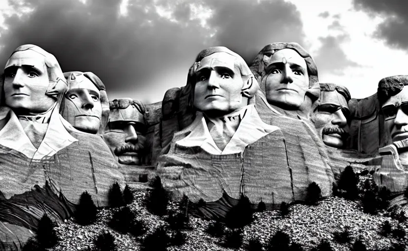 Image similar to mt. rushmore reimagined with heroic native american leaders, dramatic sky, epic environment and background, cinematic