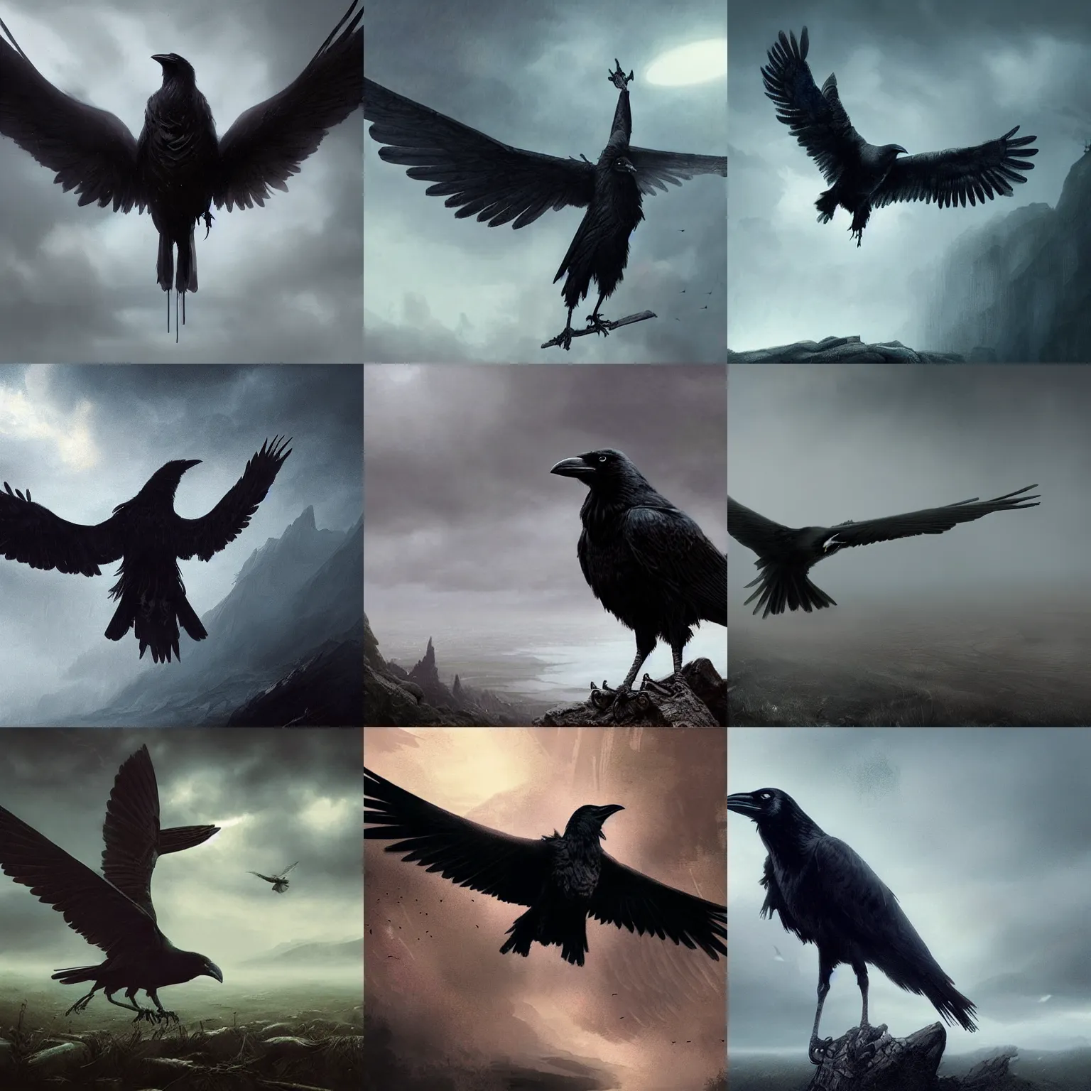 Prompt: crow in a heroic pose with wings spread wide. atmospheric lighting. foggy background. highly detailed matte painting by greg rutkowski.