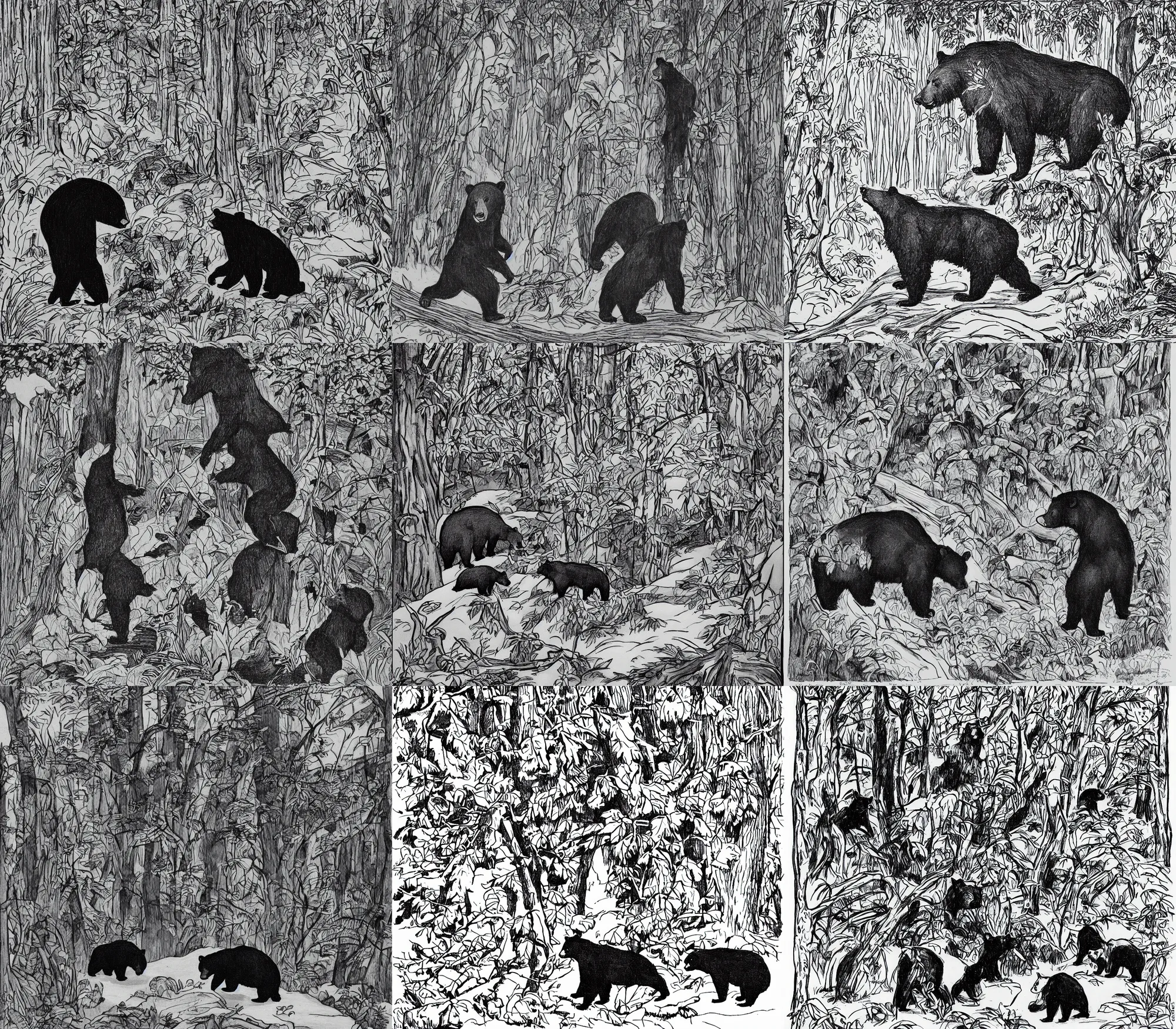 Prompt: one individual black bear in the forest, by Thomas Hart Benton, cartoon, black and white, line art, pen & ink drawing, character concept