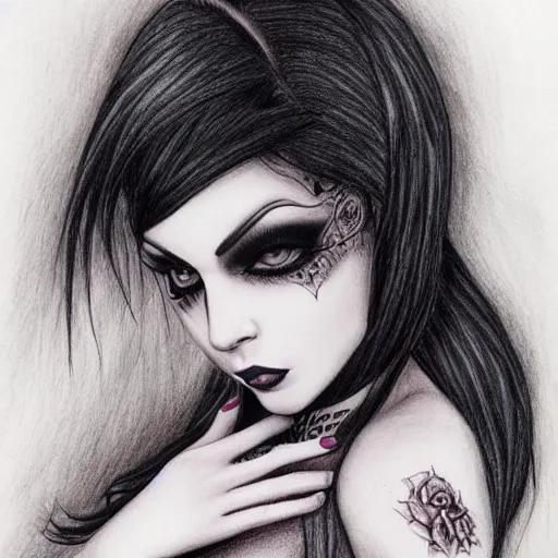 Prompt: insanely attractive and very well developed goth girl. highly detailed drawing.