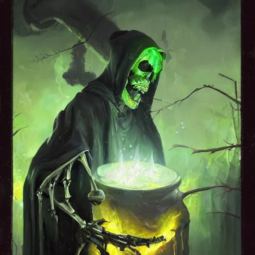 Image similar to A highly detailed oil painting by Greg Rutkowski and Afremov of a skeleton wearing black robes making a potion glowing bright green in a huge bubbling cauldron, highly detailed fantasy concept artwork, very realistic.