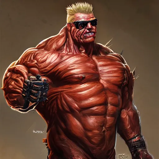Prompt: duke nukem, flesh and cables abomination, front view, painted by stanley lau, painted by greg rutkowski, painted by stanley, artgerm, masterpiece, digital art