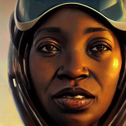 Prompt: A closeup portrait of a Sudanese woman (40), looking directly at the camera with an expression of barely contained panic, in a space helmet, strapped into a launch capsule digital art, fantasy art by Greg Rutkowski