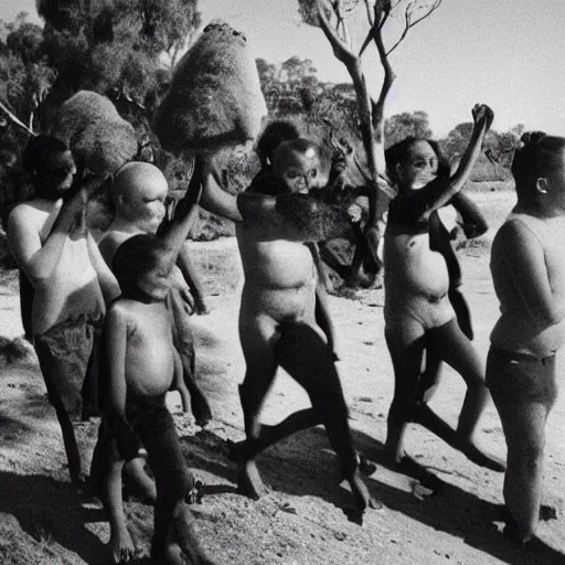 Image similar to secret photos of a cult in central australia. everyone must not wear pants, only tops, all their hair is shaved off but bears are aloud. you must carry a vegetable at all times. very creepy photos of this strange cult in the year 1 9 9 7