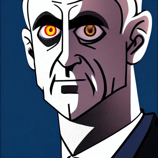 Image similar to solid glowing eyes, digital portrait of secretary of denis mcdonough face with solid glowing eyes, cover art of graphic novel, evil laugh, menacing, Machiavellian puppetmaster, villain, simple style, solid colors, clean lines, clean ink, trending on artstation