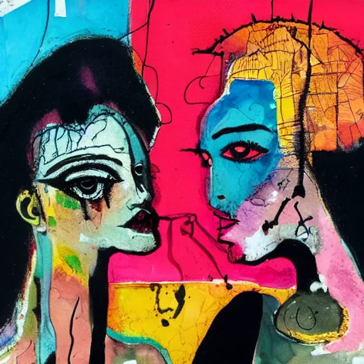 Image similar to watercolor painting of two bizarre psychedelic goth women kissing each other closeup in a cafe in spain, speculative evolution, mixed media collage by basquiat and jackson pollock, maximalist magazine collage art, sapphic art, lesbian art, chemically damaged