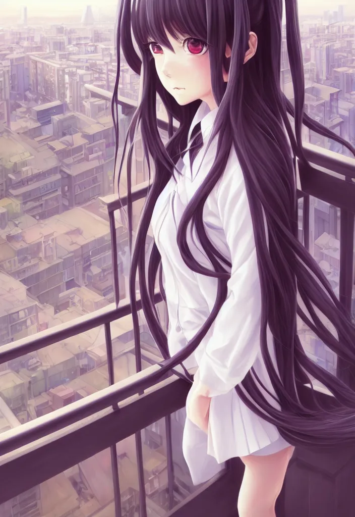 Prompt: beautiful full body portrait of a lone anime female with long flowing hair, wearing Japanese school uniform, standing on a balcony overlooking downtown Tokyo, D&D, fantasy, intricate, elegant, highly detailed, digital painting, artstation, concept art, smooth, sharp focus, illustration, art by ilya kuvshinov and WLOP and Ruan Jia and Krenz Cushart and greg rutkowski and alphonse mucha