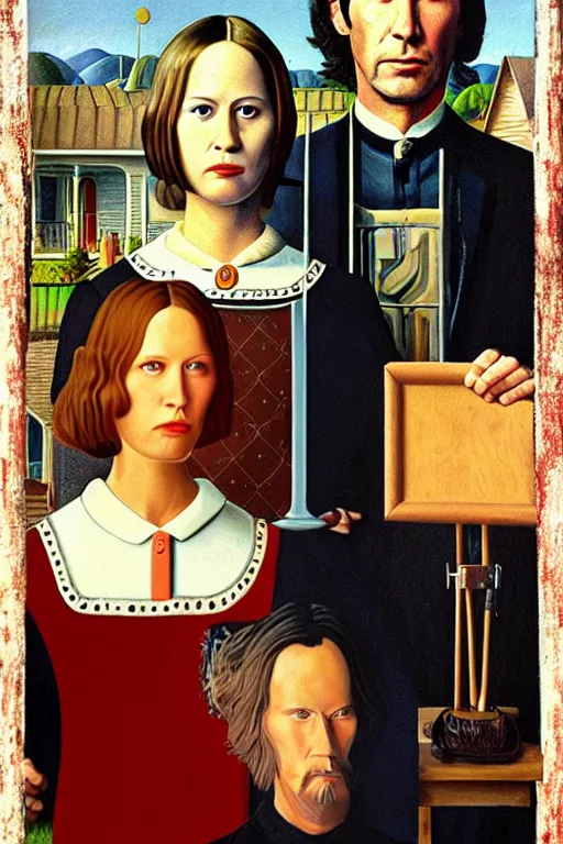 Image similar to painting of Keanu Reeves and Jennifer Lawrence as the couple in American Gothic in the style of Grant Wood