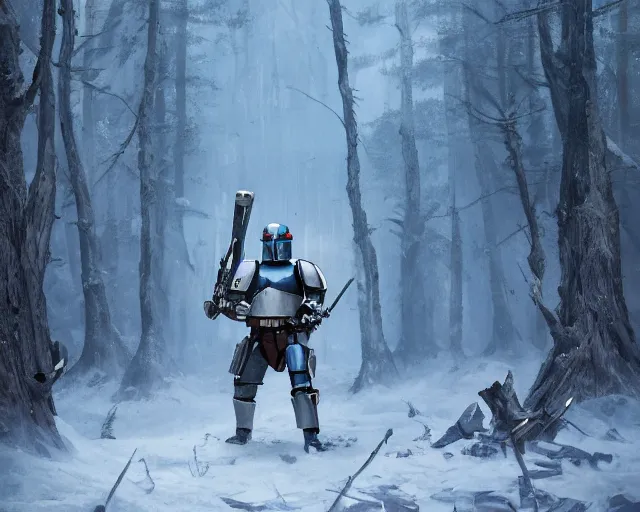 Prompt: jango fett mandalorian bounty hunter is surrounded by dead corpses bodies with blood in a snow forest, concept art highly detailed, great cinematic lighting, octane render, 8 k, depth of field, 3 d, art by greg rutkowski, trending on artstation, cinematographic shot