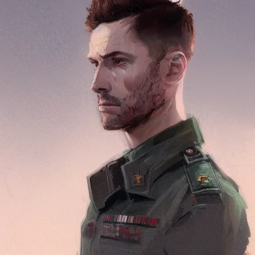 Image similar to Portrait of a man by Greg Rutkowski, he is about 30 years old, short copper hair, attractive, military composure, younger brother vibes, he is wearing futuristic military fatigues, cool uncle vibes, highly detailed portrait, digital painting, artstation, concept art, smooth, sharp foccus ilustration, Artstation HQ.