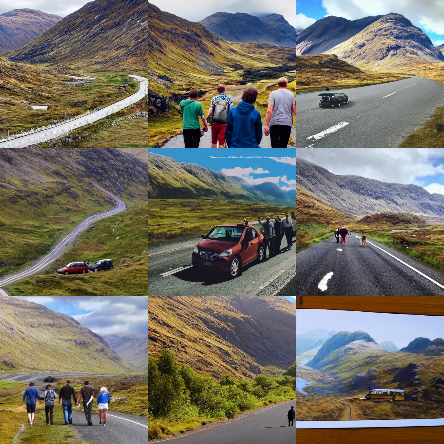 Prompt: 5 friends on a road trip around the glen coe region, detailed, realistic, sharp
