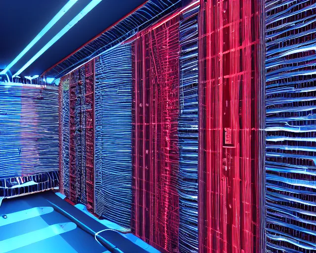 Prompt: datacenter protected by red laser trip - wires, server in the middle, deep view, heavy blue led lights, wires connected, award winning, extremely detailed, artstation, 8 k, incredible art