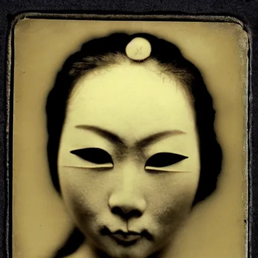 Image similar to terrifying evil dark angry geisha!!! daguerreotype portrait photograph. inspired by gerard grom and ansel adams. beautiful. highly detailed. old timey.