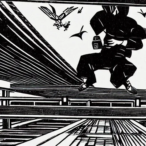 Prompt: a man jumping off a highway overpass and realizing he can fly before impact, done in the style of Japanese woodcut