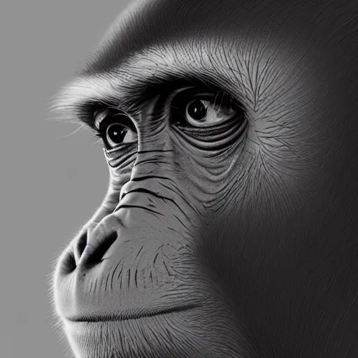 Prompt: monkey, realistic portrait, highly detailed, digital painting, artstation, concept art, smooth, sharp focus, illustration, cinematic lighting, art by artgerm