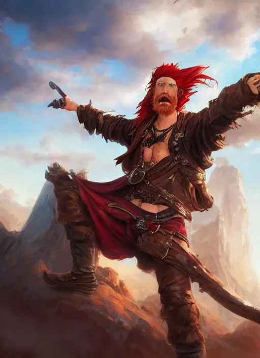 Image similar to an epic fantasy comic book style portrait painting of a long haired, red headed male sky - pirate in front of an airship, krenz cushart, unreal 5, daz, hyperrealistic, octane render, cosplay, rpg portrait, dynamic lighting