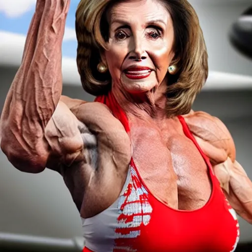 Prompt: Bodybuilder with Nancy Pelosi’s face, 8k HDR hyper realistic photo