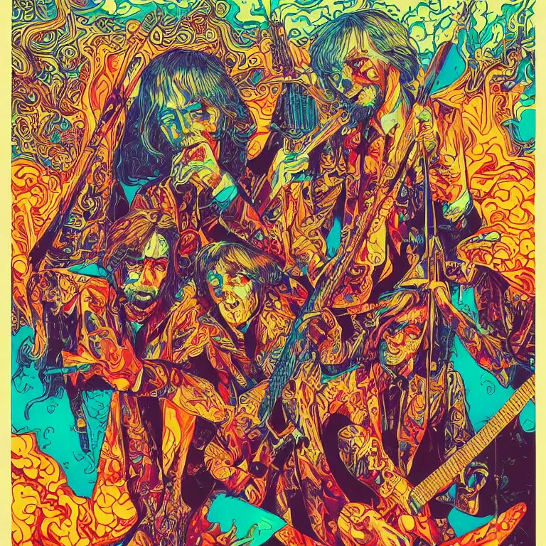 Image similar to beautiful colorful hyperrealist highly detailed psychedelic music poster'zombie beegees ', psychedelic art nouveau, beautiful high contrast colored wood engraving, moebius comic style, shocking detail trending on artstation 8 k