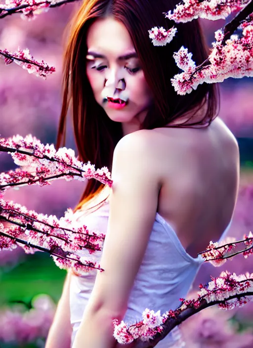 Image similar to photo of a beutiful girl in the style of stefan kostic, realistic, full body shot, sharp focus, 8 k high definition, insanely detailed, intricate, elegant, art by stanley lau and artgerm, extreme blur cherry blossoms background