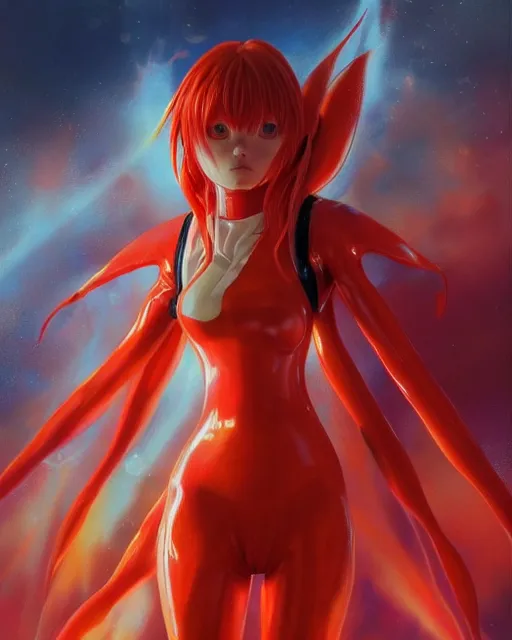 Image similar to asuka langley soryu wearing plugsuit, award winning photograph, radiant flares, realism, lens flare, intricate, various refining methods, micro macro autofocus, evil realm magic painting vibes, hyperrealistic painting by michael komarck