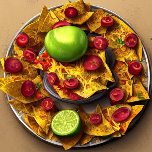 Image similar to photorealistic plate of nachos. hyperdetailed photorealism, 1 0 8 megapixels, amazing depth, rich colors, powerful imagery, 3 d finalrender, 3 d shading, cinematic lighting, artstation concept art