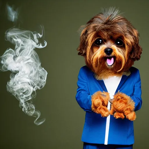 Image similar to professional portrait of an anthropomorphic yorki-poo smoking weed,