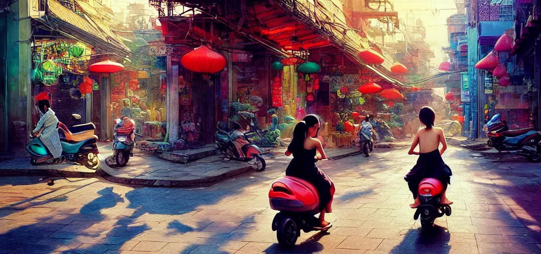 Prompt: a young asian girl, not wearing clothes, riding on the moped scooter, on the street of hanoi, digital illustration by ruan jia on artstation, colorful, rainbow, sunlight, soft lighting, insanely detailed and intricate, hypermaximalist, elegant, ornate, hyper realistic, super detailed, by akihito yoshida, by bob byerley