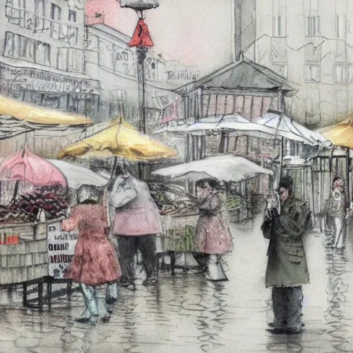 Prompt: pencil and pen drawing of a food market festival by banksy and monet. Street photography. Watercolor finishing. rainy day. n4