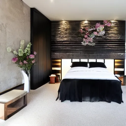 Image similar to bedroom, stone, interior design, stylish luxury hotel bedroom design, yakisugi, black vertical slatted timber, textures, feminine, black walls, art, vase with flowers, Japanese influences