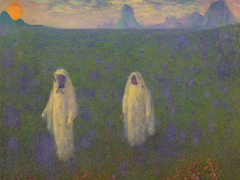 Image similar to man in white beekeeper suit looking at the psychedelics dream mothership over the sacred mountains. painting by mikalojus konstantinas ciurlionis, monet, bosch, wayne barlowe, agnes pelton, rene magritte