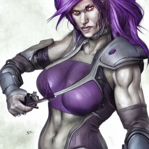 Image similar to extreme close up portrait, pale woman with flowing purple hair in rusty sci - fi power armor, high detail, eyepatch, stoic, elegant, muscles, powerful, commanding, by stjepan sejic, sunstone, dc comic, marvel comic