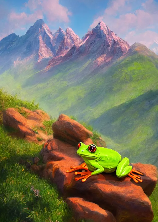 Prompt: a brightly - colored frog, a single huge mountain in the background, extremely detailed oil painting, unreal 5 render, digital art, landscape painting, octane render, beautiful composition, trending on artstation, award winning photograph, masterpiece