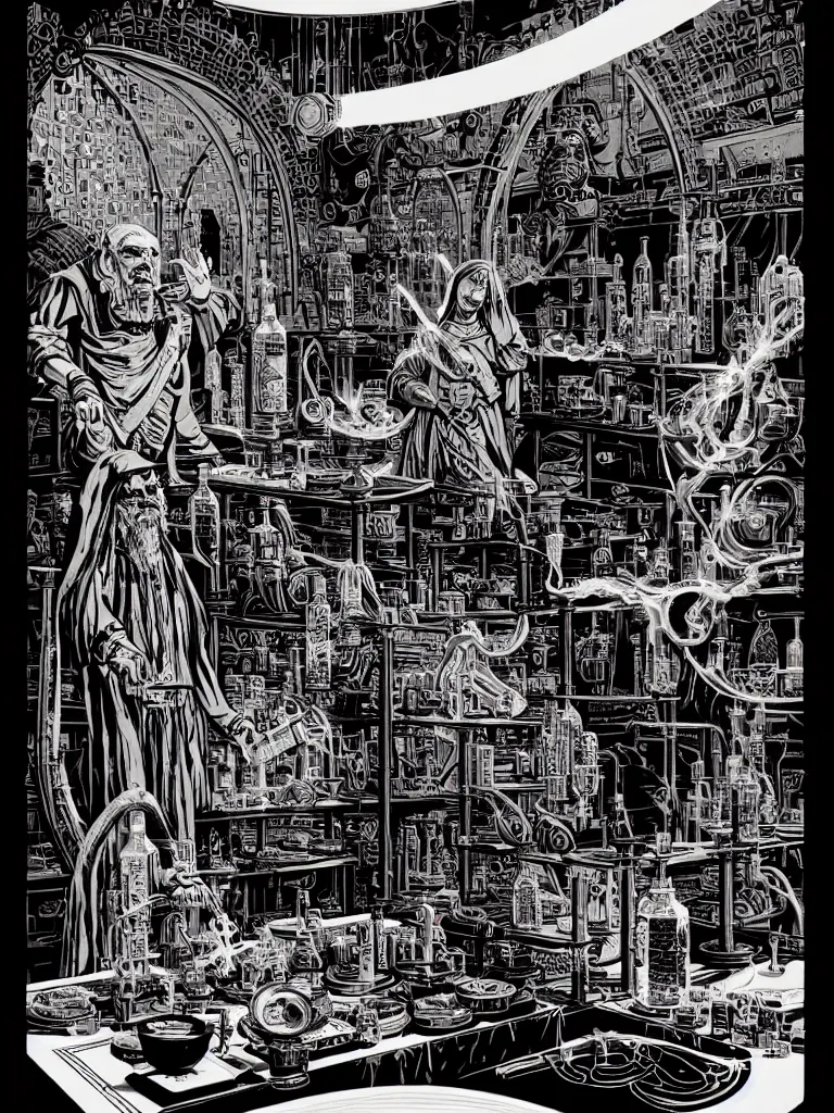 Image similar to ancient alchemist wizards laboratory, high details, lineart, by vincent di fate, inking, 3 color screen print, masterpiece, trending on artstation, sharp, high contrast, hyper - detailed, hd, 4 k, 8 k