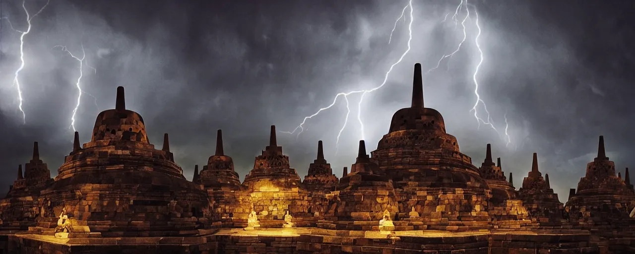 Prompt: most epic dramatic borobudur temple at night picture, eerie stormy night sky and lightnings. night photography. epic cinematic hyperrealism masterpiece. realistic poster with shaded lighting by craig mallismo, artgerm, jeremy lipkin and michael garmash, unreal engine, radiant light, detailed and complex environment, digital art, art station trends