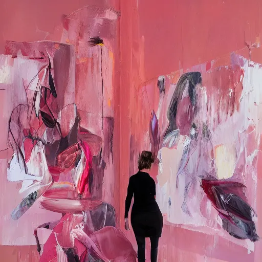 Image similar to _ in _ these _ paintings _ we _ see _ a _ woman _ who _ seem _ to _ be _ walking _ in _ circles in an empty void space, 4 k, in the style of ben quilty, hyper realism, minimal pink palette, medium shot, oil paint with thick brushstrokes of paint, impasto, detailed,