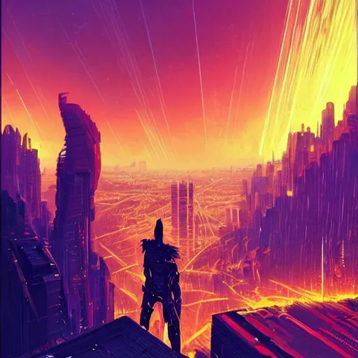 Image similar to a cyberpunk zulu warrior sitting on a cliff watching an enormous metropolitan city burn!!!! from a distance at night, fire, by alena aenami and android jones and greg rutkowski, Trending on artstation, hyperrealism, elegant, stylized, highly detailed digital art, 8k resolution, hd, global illumination, radiant light, detailed and intricate cyberpunk ghetto environment, rendered in octane, post processed, wide angle, dynamic portrait