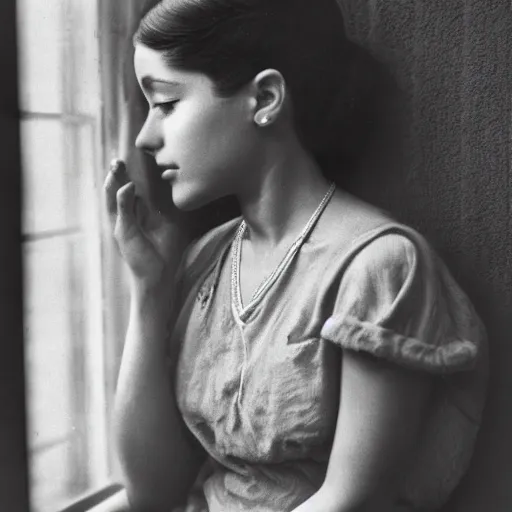 Prompt: photo of Ariana Grande in the depression-era, photorealism by of Dorothea Lange